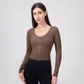 Slim fit brown corset-style yoga top with zipper and ribbed texture long sleeves - S / Red Brown