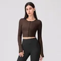 Deep brown tight yoga cardigan with long sleeves, button front and thumbhole cuffs - S / Chocolate Brown