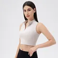 Slim fit beige sleeveless yoga crop top with front zipper and stand collar - S / Tops / Milk Apricot