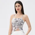 Yoga-Tanktop mit Bambus-Tuschedruck, dünnen Trägern und Tunnelzug aus weißem Mesh - S / Oberteile / Tusche-Bambusschatten