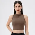 Slim fit dark brown sleeveless yoga crop top with front zipper and stand-up collar - S / Tops / Dark Coffee