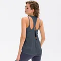 Dark gray loose yoga tank top with breathable mesh and twisted racerback detail - 4/S / Tops / Gray