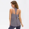 Mauvefarbenes lockeres Yoga-Top im Lagenlook mit atmungsaktivem Mesh-Rücken für Damen - 4/S / Oberteile / Grau Violett