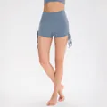 Women's high waist yoga shorts in morandi blue with adjustable side drawstring details - 4/S / Bottoms / Aqua