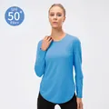 Maglia yoga azzurra da donna con protezione UV SPF 50+ a maniche lunghe e spacco laterale - 2XL / Blu