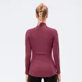 Women's slim fit zip-up sports jacket in dark burgundy with back zip pocket and ergonomic seams - Dark Reddish Brown