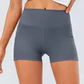 Women's high-waisted yoga shorts in dark grey with side pockets for fitness training - XS / Bottoms / Grey Blue