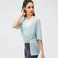 Women's quick-dry light blue slit split gym top with white vest and purple leggings - 2/XS / Blue