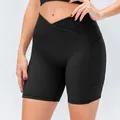 Women's black ribbed cross waist yoga shorts with side pockets and tummy control fit - 12/XXL / Bottoms / Black