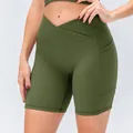 Olive green high waisted ribbed yoga shorts with cross waist design and side pockets - 12/XXL / Bottoms / Army Green