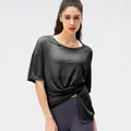 Women's dark grey quick-dry sports t-shirt with side slit and knot detail for gym - 2/XS / Black