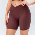 Women's deep red ribbed yoga shorts with cross-waist design and side pocket - 12/XXL / Bottoms / Brown Red