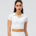 Slim fit white short sleeve polo yoga top with V-neck cropped athletic cut - 2/XS / Tops / White