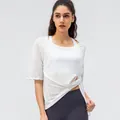 Women's white short sleeve yoga top with front knot and grey leggings athletic set - 2/XS / White