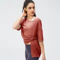 Women's quick-dry yoga top in rust red heather fabric with twist front knot detail - 2/XS / Brick Red