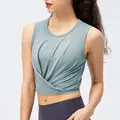 Women's slate blue quick-dry yoga tank top with cross-knot hem design and slim fit cut - XS / Blue