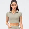 Women's light green short sleeve sports polo yoga top in high-elastic slim fit fabric - 2/XS / Tops / Sprout White