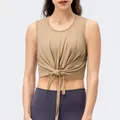 Women's quick-dry khaki crop top gym vest with front tie knot detail and round neck - XS / Khaki