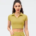 Top polo deportivo corto para mujer en nailon elástico color amarillo mostaza - 10/XL / Tops / Amarillo Otoño