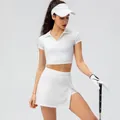 White short sleeve crop Polo shirt and matching tennis skirt set for women's sports - 2/XS / Top And Bottom / White