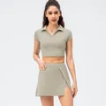 Sage green 2-piece yoga set with slim polo crop top and pleated tennis skort - 2/XS / Top And Bottom / Sprout White