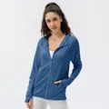 Chemise de soleil anti-UV pour femme en bleu marine avec passe-pouces et capuche - Bleu Marine