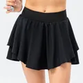 Black high-waisted flared athletic yoga skort with double-layered ruffles for women - 2/XS / Bottoms / Black