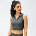 Slim fit dark green polo collar yoga tank top and high waist leggings gym set for women - S / Gray