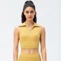Women's ginger yellow polo neck yoga tank top and high waist leggings fitness set - S / Yellow