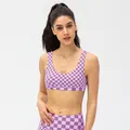 Women's sports bra and leggings set with purple checkerboard pattern and elastic fit - 4/S / Tops / Purple Checkerboard