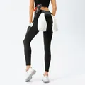 Black high-waisted yoga leggings with side pockets and back towel strap for gym - S / Black
