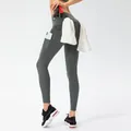 Dark greyish green high waist yoga pants with phone side pocket and towel loop - S / Gray