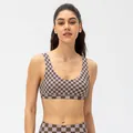 Women's sports bra in brown and light purple checkerboard pattern with U-neck - 2/XS / Tops / Coffee Checkerboard