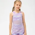Girls purple camo 2-piece activewear set with mesh tank top and matching shorts - Purple Graffiti