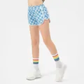 Girls' light blue checkerboard sports shorts with elastic waist and white piping trim - 130 / Blue Checkerboard