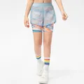 Girls' double-layer sports shorts with abstract geometric print and light blue outer layer - 120 / Light Blue