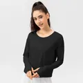 Women's black loose UV protection long sleeve shirt with thumb holes for yoga and running - 2/XS / Tops / Black