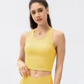 Bright yellow ribbed yoga tank top with V-cross high waist leggings for fitness sports - S / Tops / Malt Yellow