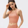 Women's yoga set in coral pink ribbed fabric with high waist cross-over leggings - S / Tops / Cinnamon Pink