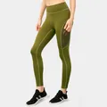 Olive green high-waisted yoga pants featuring side mesh pockets and slimming fit - 2/XS / Bottoms / Mustard Green
