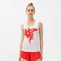 Damen Lauf-Set mit weißem Marathon-Top mit China-Print und roten Sportshorts - 2/XS / Oberteil Und Unterteil / Weiß
