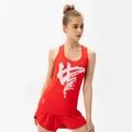 Rotes Damen-Marathon-Laufset mit China-Kalligraphie-Weste und schnelltrocknenden Shorts - 2/XS / Oberteil Und Unterteil / Rot
