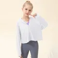 Kids ice silk sun protection jacket in white with hooded zip-up design for outdoor sports - 120 / White