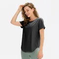 Women's black quick-dry yoga t-shirt with curved hem and loose fit for gym workouts - S / Black