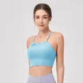 Light blue sports bra with thin straps and pleated neckline for yoga and gym training - S / Tops / Sky Blue