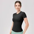T-shirt da yoga nera aderente da donna con maniche corte e scollo rotondo per fitness - S / Nero