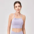 Front view of light purple halter yoga bra with ruched detail and elastic straps - S / Tops / Purple
