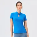 Blauwe yoga-top met korte mouwen in Chinese stijl met opstaande kraag en Chinese knoop - S / Koningsblauw