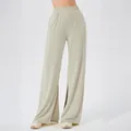 Women's high waist light beige yoga pants with side slits and silky drape texture - S / Apricot Grey