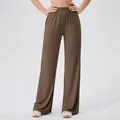 Women's dark brown wide leg high waisted yoga pants with side slits and elastic waistband - S / Dark Coffee
